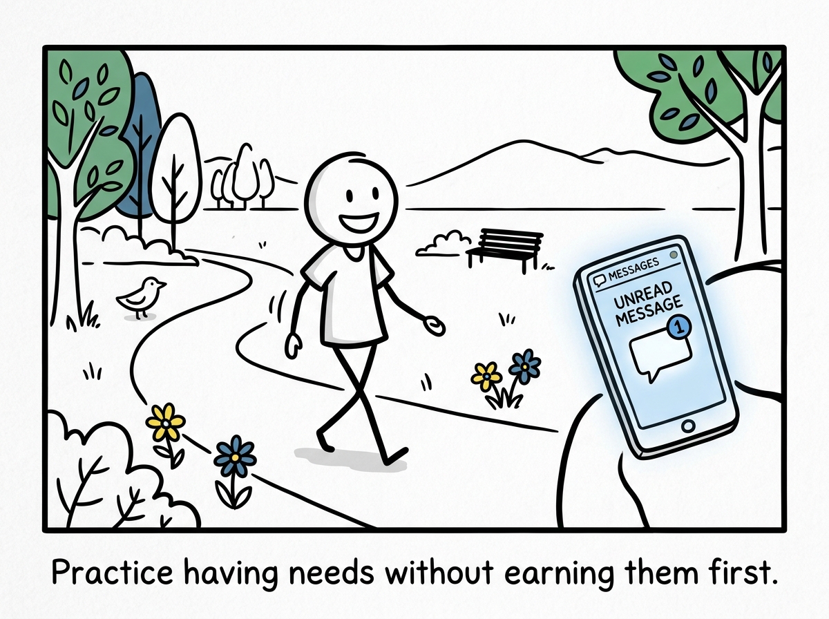 The stick figure doing something just for themselves -- reading a book, taking a walk -- while their phone shows an unread message they have chosen to answer later