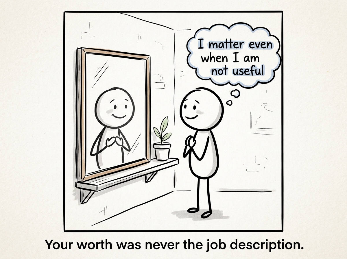The stick figure looking in a mirror with a gentle expression, a thought bubble reading 'I matter even when I am not useful'