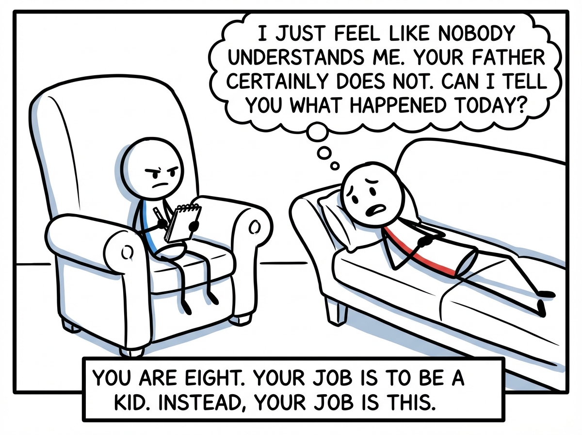 A small stick figure child sitting in an enormous therapist's chair. Their feet do not touch the ground. They are holding a notepad and a serious expression. On the couch across from them, an adult parent lies down and says 'I just feel like nobody understands me. Your father certainly does not. Can I tell you what happened today?'