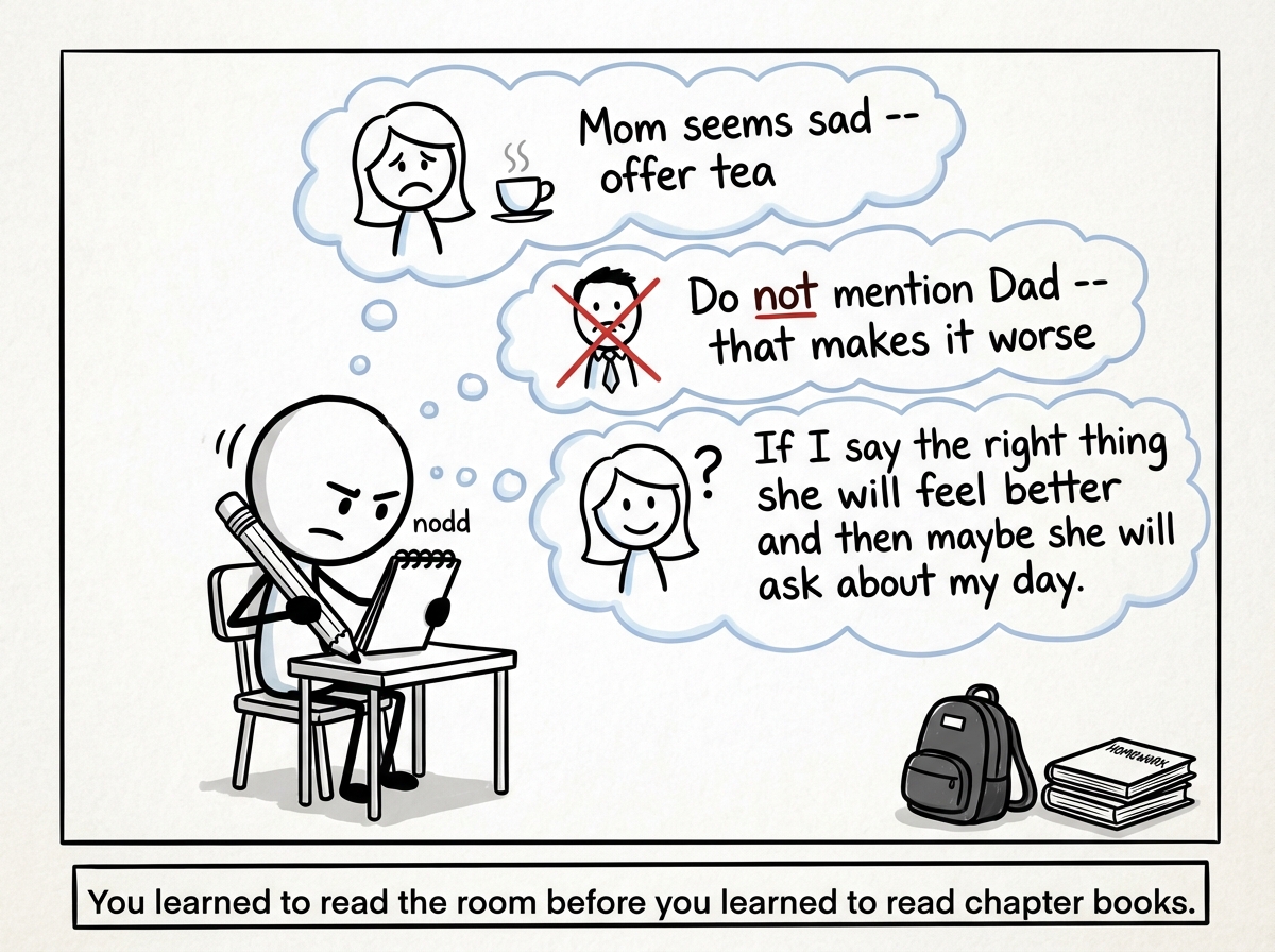 The child is nodding along, taking notes. Thought bubbles show them simultaneously managing: 'Mom seems sad -- offer tea,' 'Do not mention Dad -- that makes it worse,' 'If I say the right thing she will feel better and then maybe she will ask about my day.' The child's own backpack and homework sit forgotten in the corner