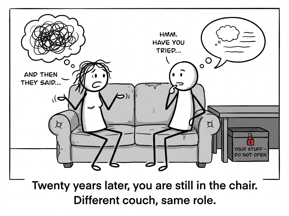 Fast forward: the child is now an adult stick figure, sitting across from a friend who is venting. The adult is nodding, offering advice, managing the friend's emotions. Meanwhile, their own pile of unprocessed feelings sits in a locked box behind them, labeled 'YOUR STUFF -- DO NOT OPEN'