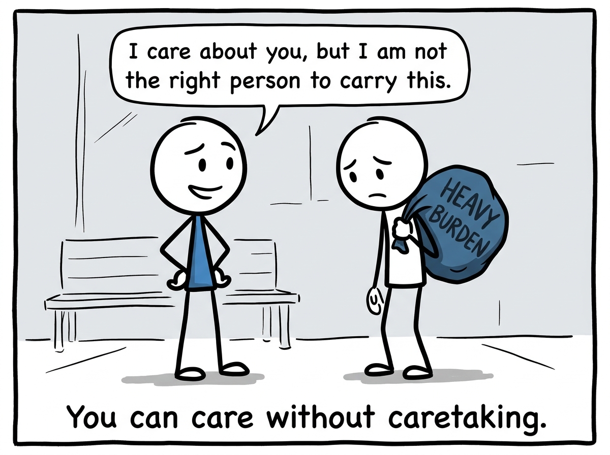 The stick figure saying to the friend 'I care about you, but I am not the right person to carry this' with a kind but firm expression