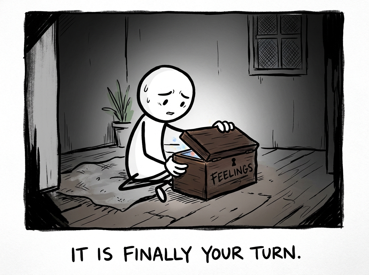 The stick figure sitting alone, opening their own locked box of feelings for the first time, looking nervous but willing
