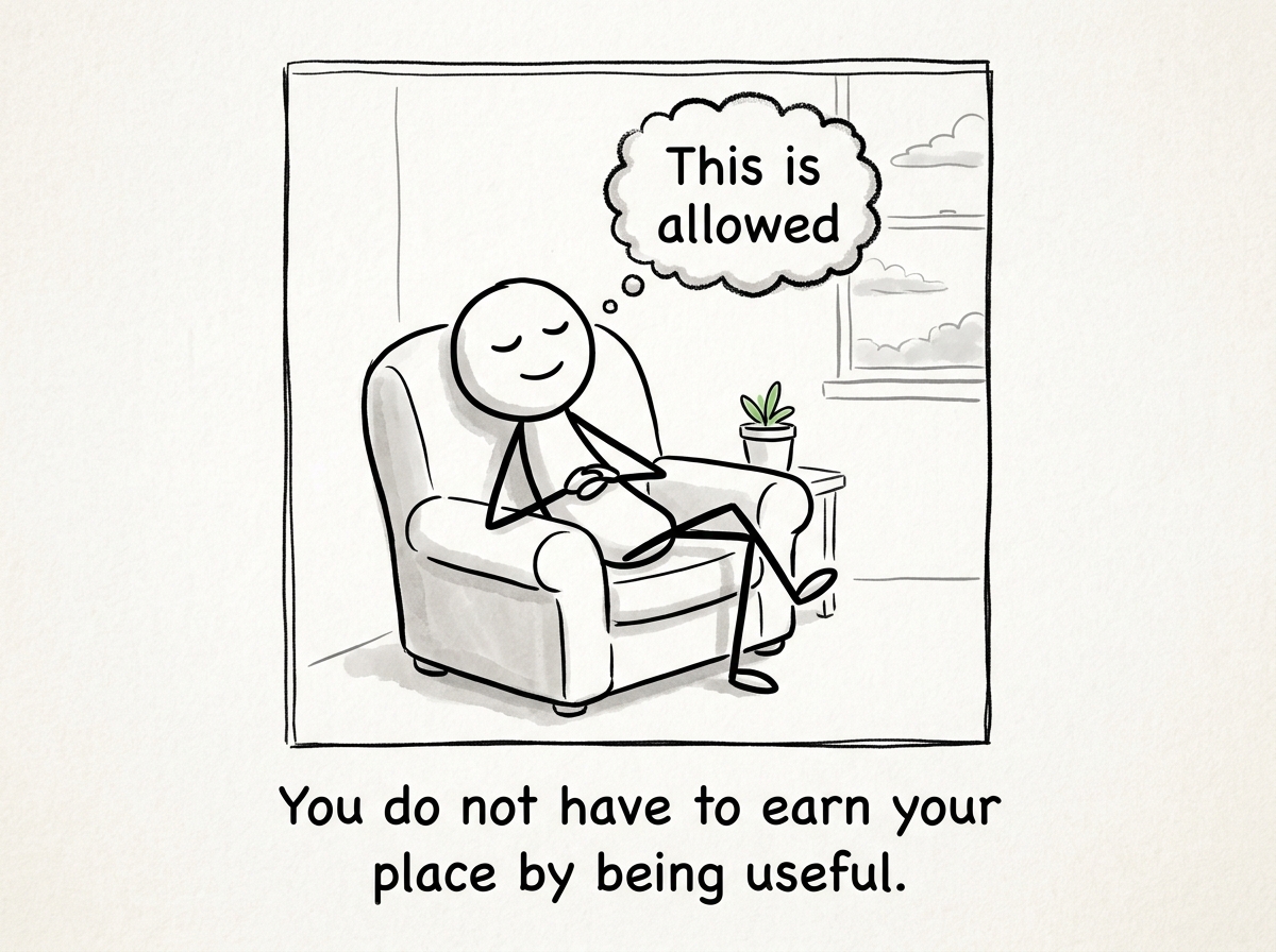 The stick figure resting in a chair, doing nothing for anyone, with a small smile and a thought bubble reading 'This is allowed'