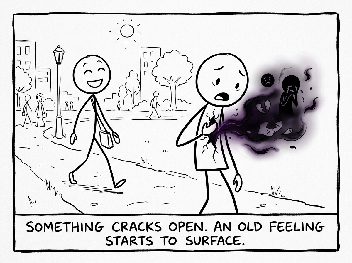A stick figure going about their day when a crack appears in their chest, with a small, painful memory leaking out as a dark, glowing light