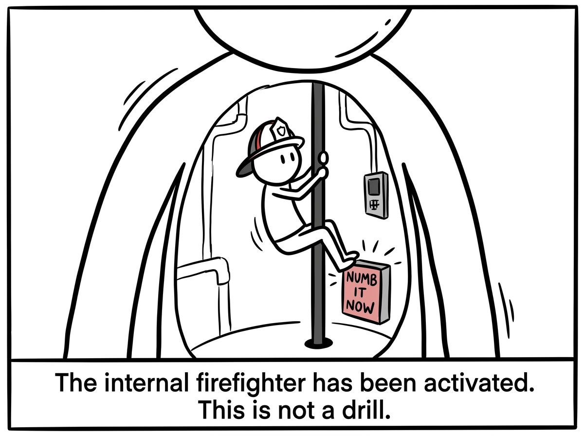 Inside the stick figure, a tiny firefighter character in a helmet slides down a pole and hits an alarm button labeled 'NUMB IT NOW'