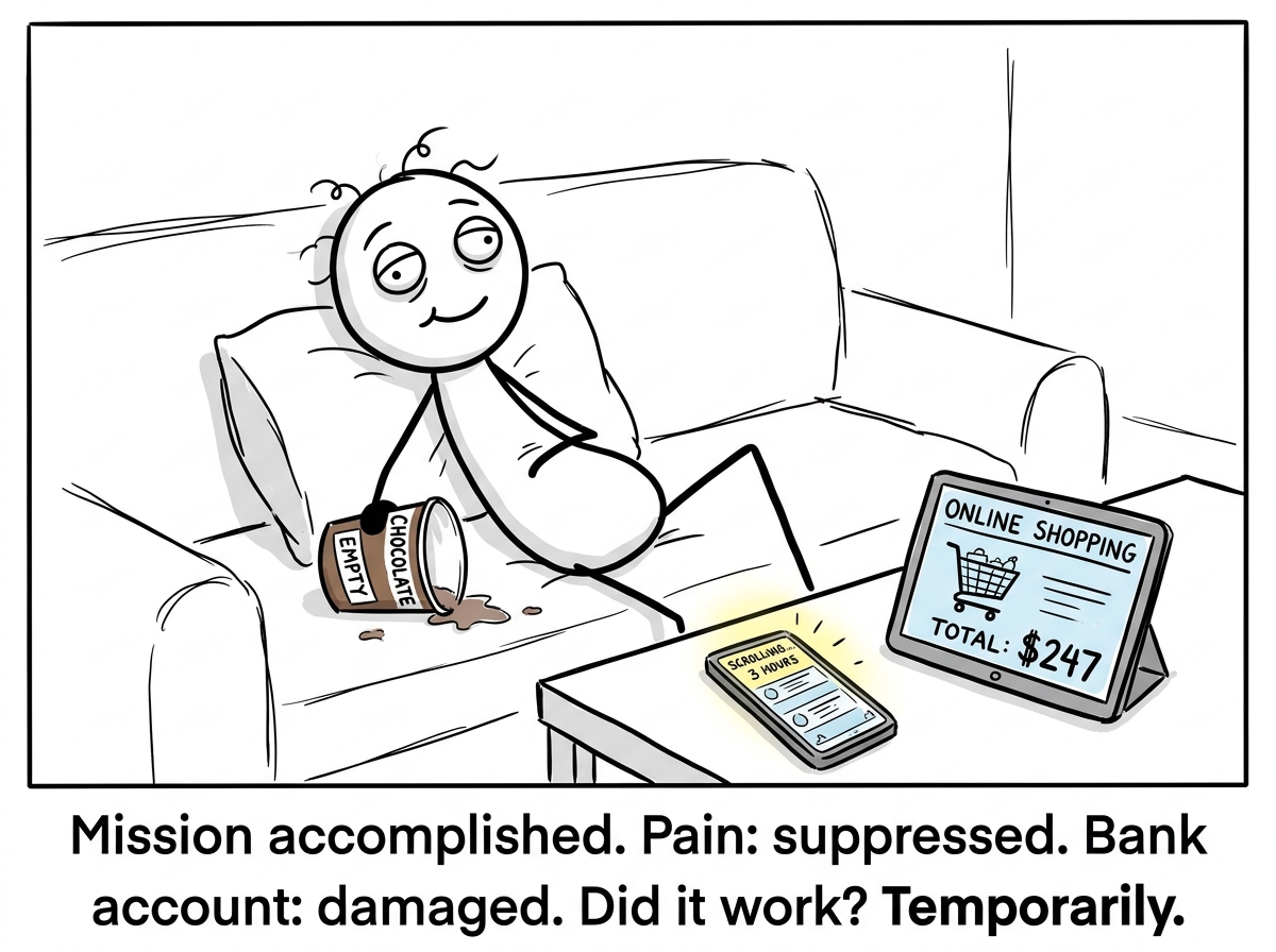 The stick figure on the couch, surrounded by an empty ice cream pint, an online shopping cart showing $247, and a phone screen showing three hours of scrolling -- looking dazed but no longer in pain