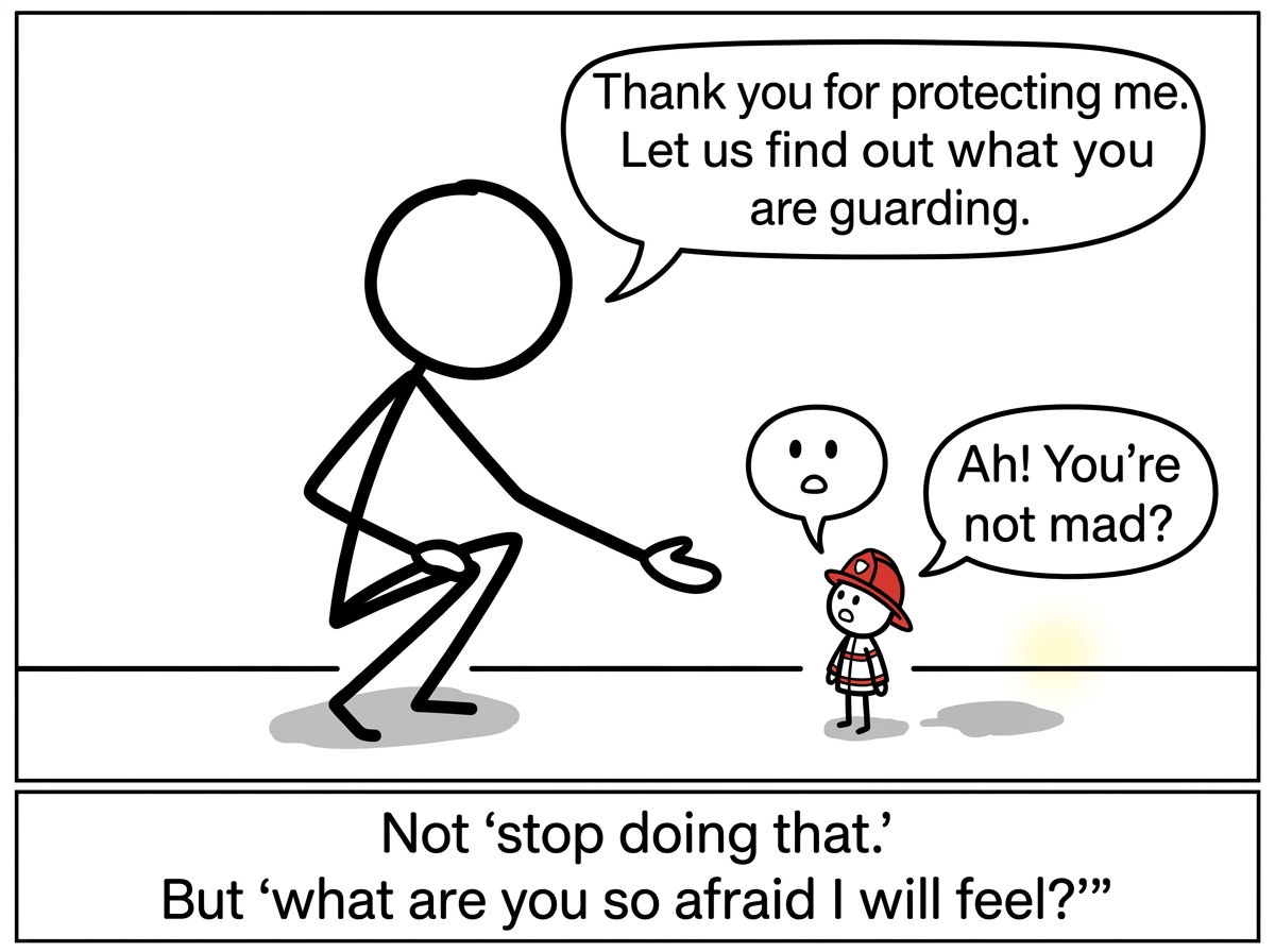 The stick figure gently talking to the tiny firefighter, saying 'Thank you for protecting me. Let us find out what you are guarding.' The firefighter looks surprised but relieved