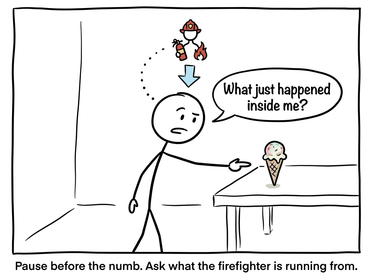 A stick figure reaching for the ice cream and pausing, noticing the firefighter part activating, and asking 'What just happened inside me?'