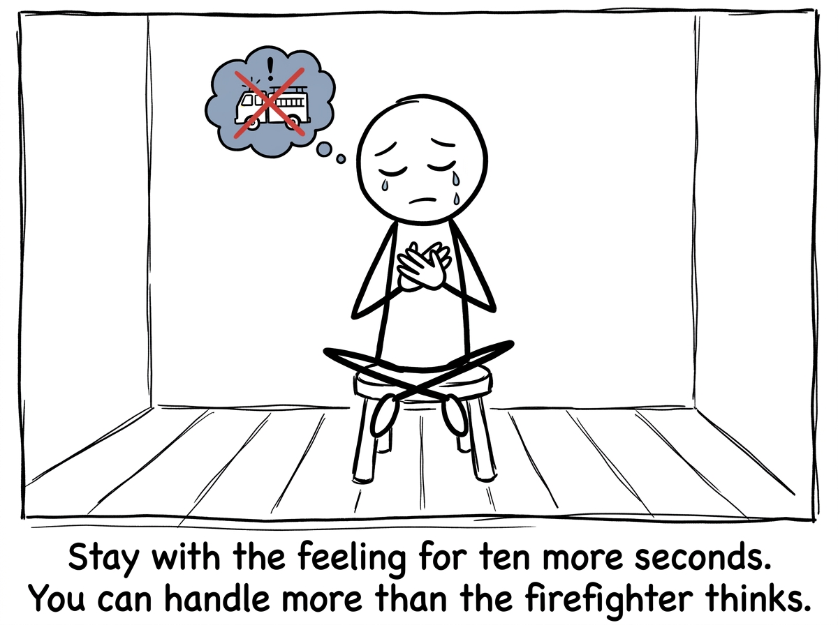 The stick figure sitting with the discomfort instead of numbing it, hands on their chest, tears forming but staying present