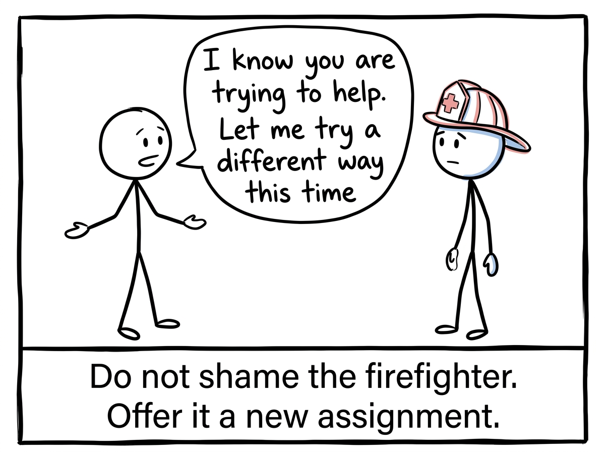 The stick figure gently talking to the firefighter part: 'I know you are trying to help. Let me try a different way this time'