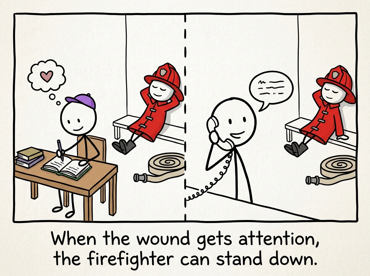 The stick figure journaling or calling a friend instead, with the firefighter resting in the background, no longer on high alert
