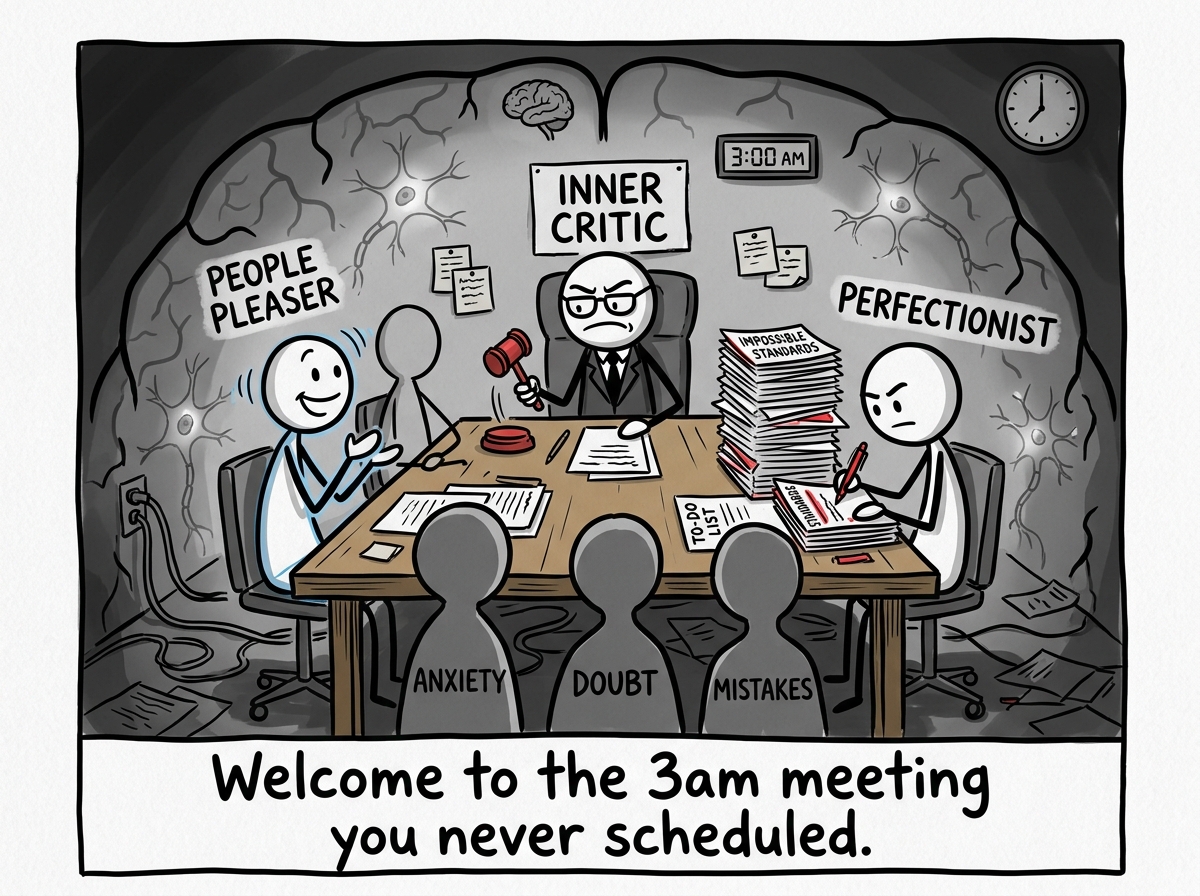 A conference room inside someone's head with labeled chairs: 'Inner Critic' at the head of the table with a gavel, 'People Pleaser' nodding eagerly, 'Perfectionist' reviewing a stack of impossible standards