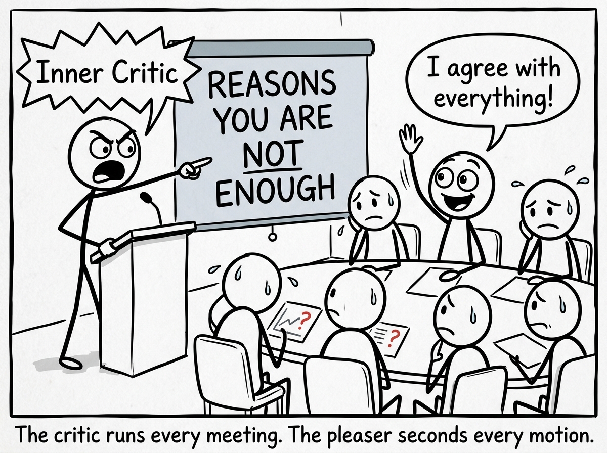 The Inner Critic standing and shouting at the others, pointing at a presentation slide that reads 'REASONS YOU ARE NOT ENOUGH,' while the People Pleaser raises their hand saying 'I agree with everything!'