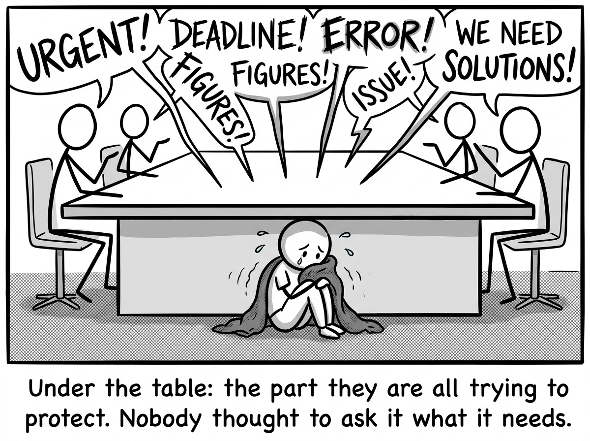 Under the conference table, a small wounded child version of the person huddles in a blanket, with all the noise from above raining down as sharp words
