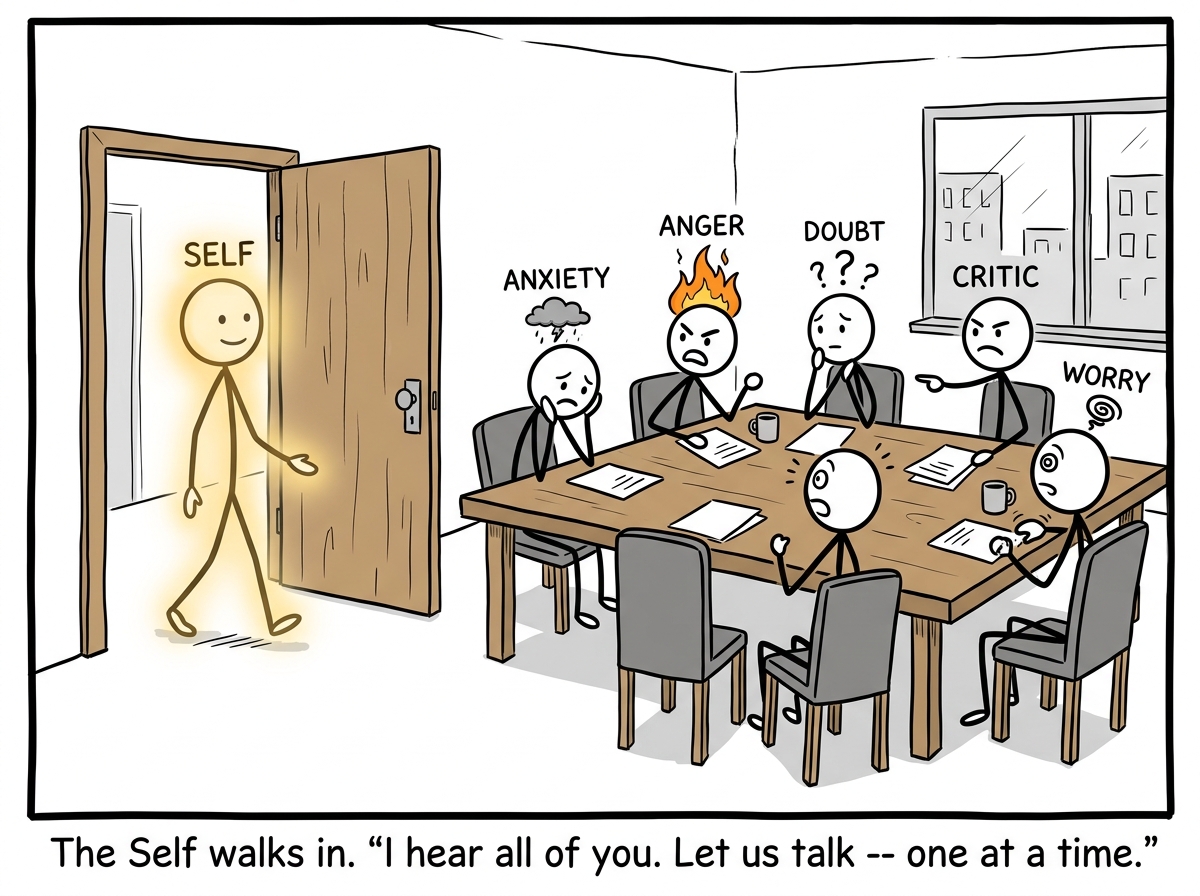 A calm, glowing figure labeled 'Self' opening the conference room door, and all the parts turning to look with a mix of surprise and relief
