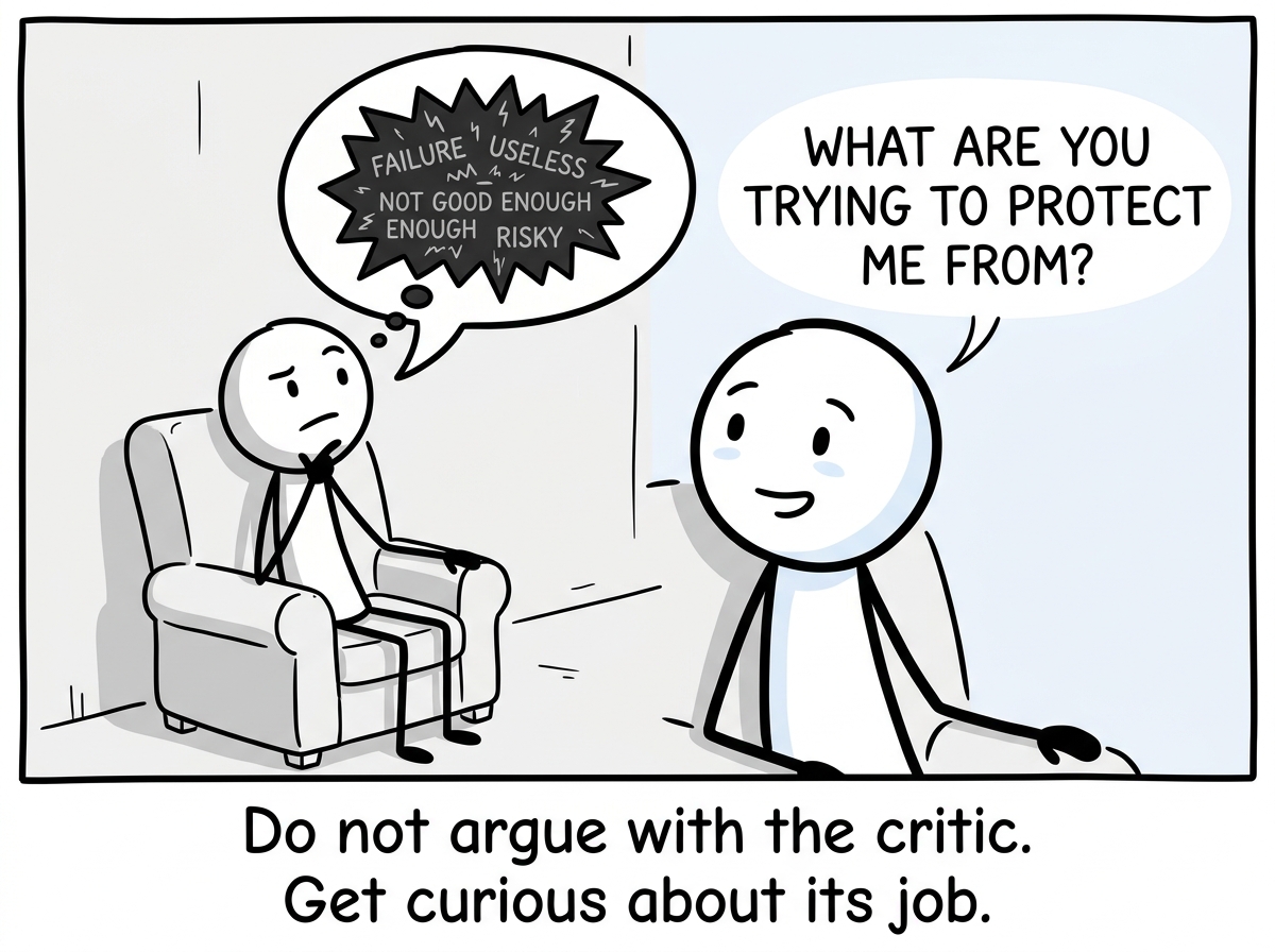 A stick figure hearing the inner critic start its tirade and instead of believing it or fighting it, calmly asking 'What are you trying to protect me from?'