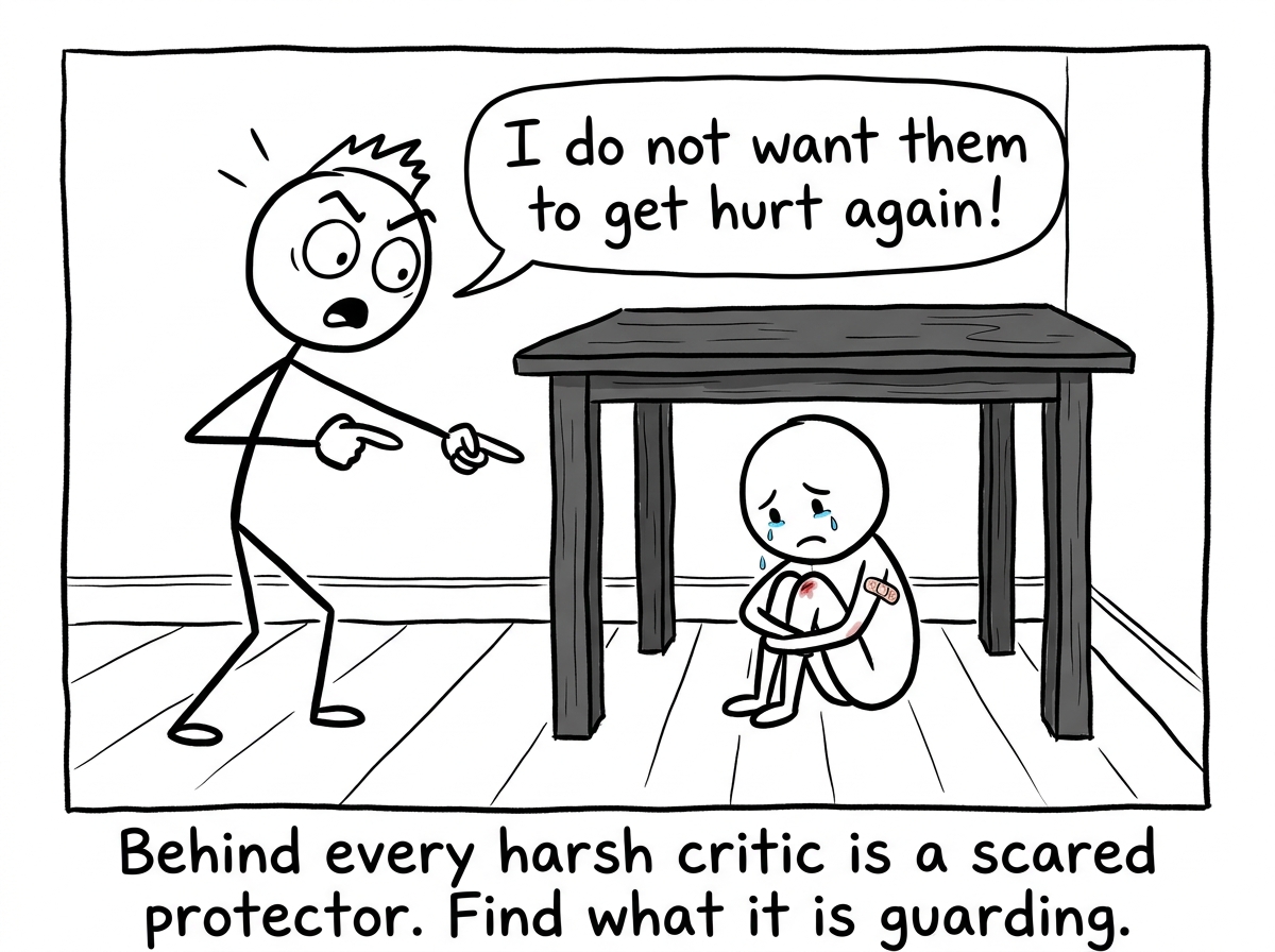 The inner critic looking surprised and pointing at the wounded child under the table, saying 'I do not want them to get hurt again'