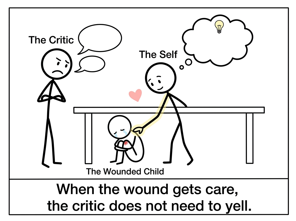 The Self figure gently reaching under the table to the wounded child, offering comfort while the critic watches, finally able to stop shouting