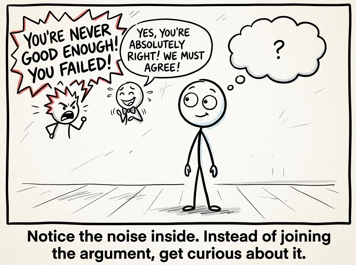 A stick figure noticing their inner critic yelling and their people-pleaser agreeing, and instead of reacting, pausing with a curious expression