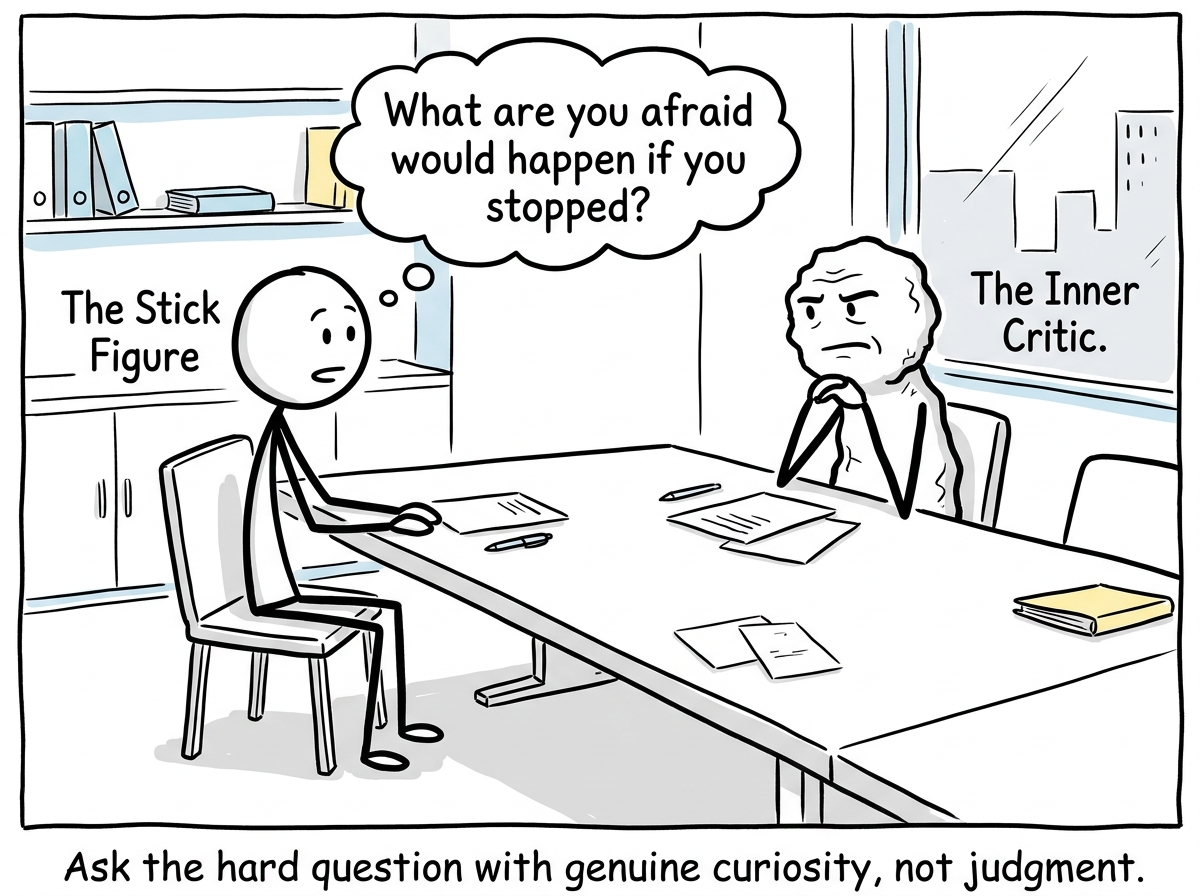 The stick figure sitting down at the internal conference table and asking the inner critic 'What are you afraid would happen if you stopped?'