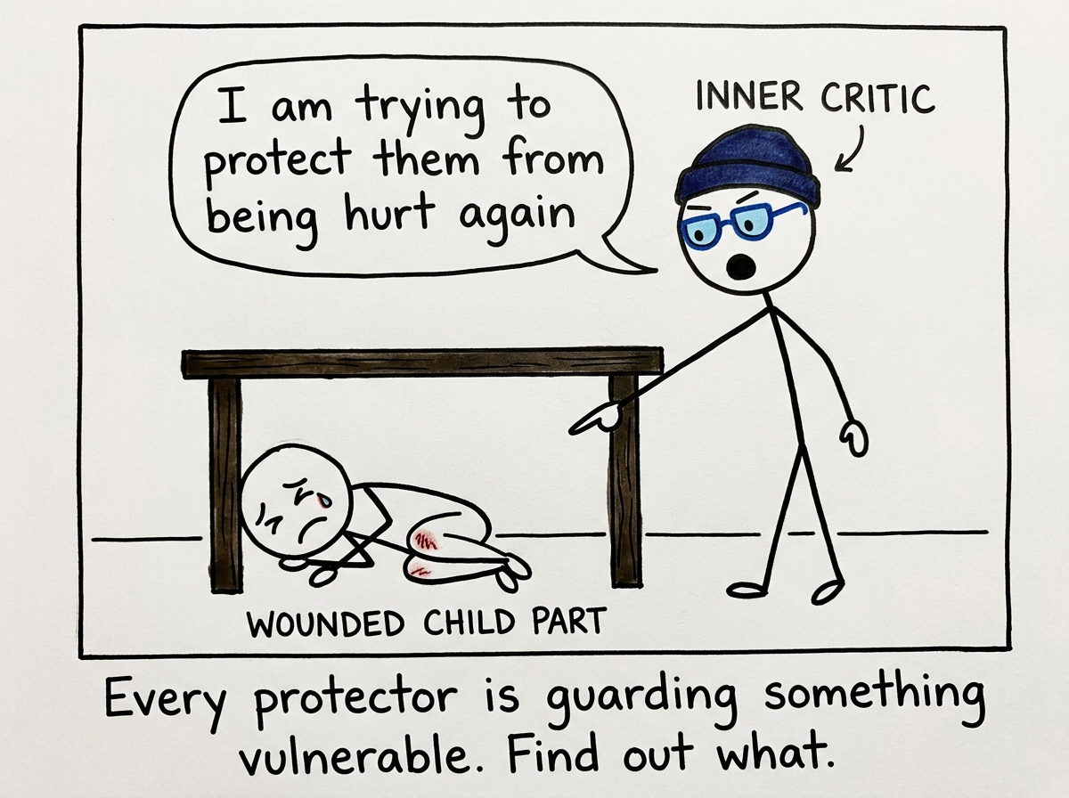 The inner critic looking surprised and pointing under the table at the wounded child part, saying 'I am trying to protect them from being hurt again'