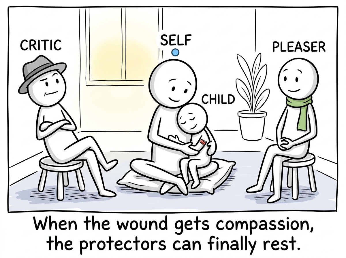 The calm Self figure holding the wounded child gently while the critic and pleaser sit nearby, relaxed, no longer needing to run the show
