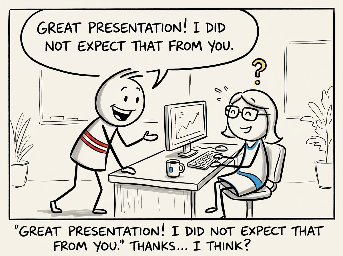 A smiling coworker leaning over a desk saying a compliment with a speech bubble, while the recipient smiles but has a small question mark above their head