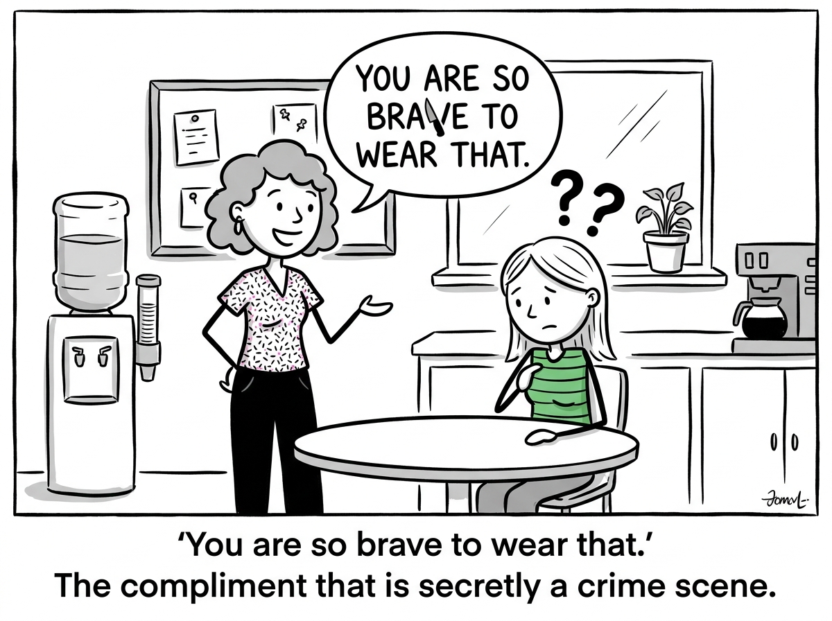 The same coworker in the break room delivering another backhanded compliment, now with two question marks above the recipient's head and the speech bubble having a tiny knife hidden in the letters