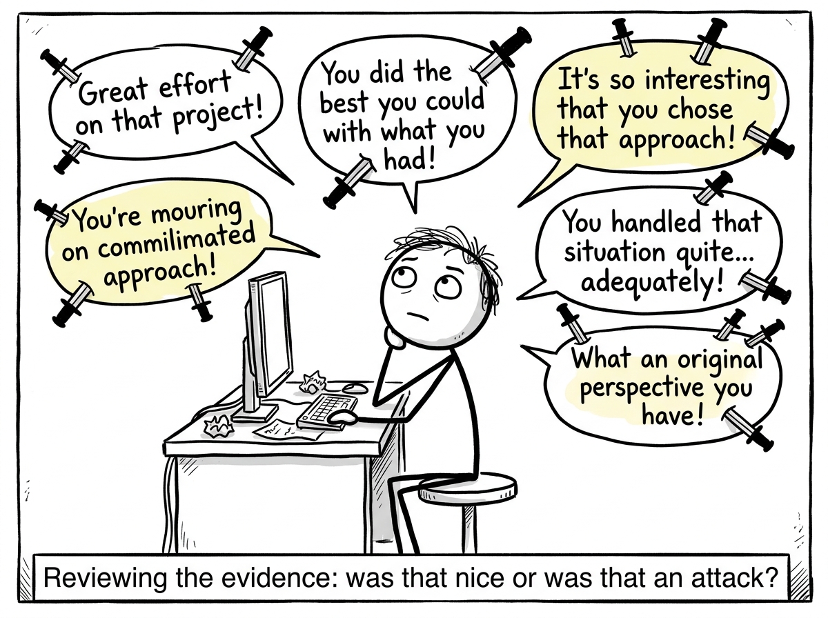 The recipient sitting at their desk staring into space, surrounded by floating compliment speech bubbles that each have small daggers sticking out of them