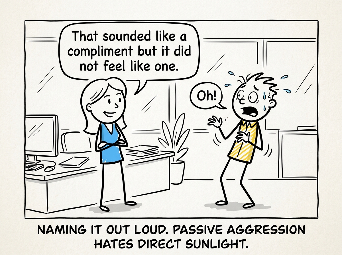 The recipient calmly responding to the coworker with 'That sounded like a compliment but it did not feel like one' while the coworker looks caught off guard