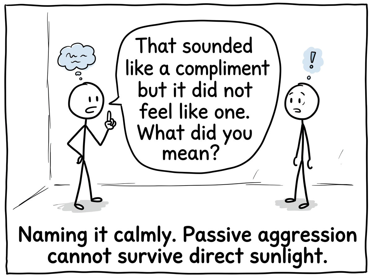 The stick figure choosing to name it directly: 'That sounded like a compliment but it did not feel like one. What did you mean?'