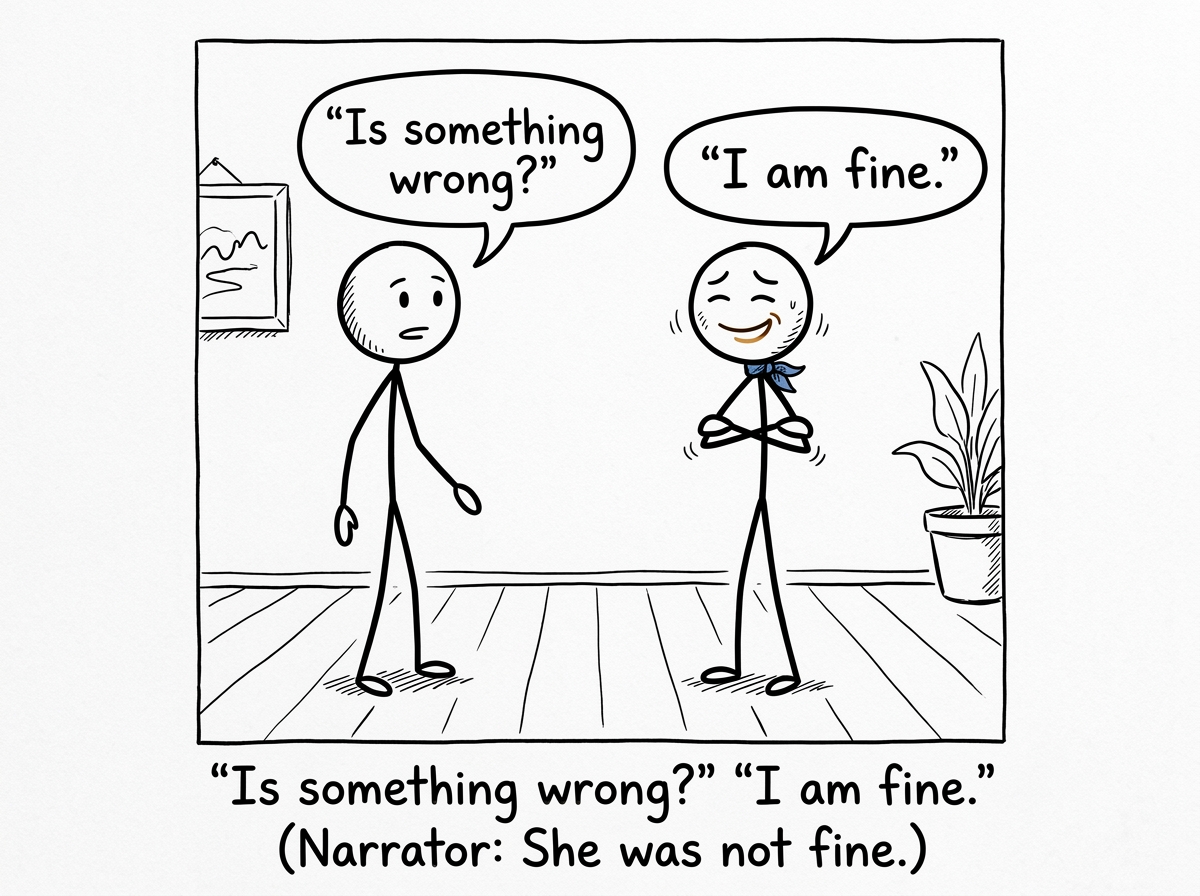 One stick figure asking 'Is something wrong?' to another who stands with crossed arms and a forced smile saying 'I am fine'
