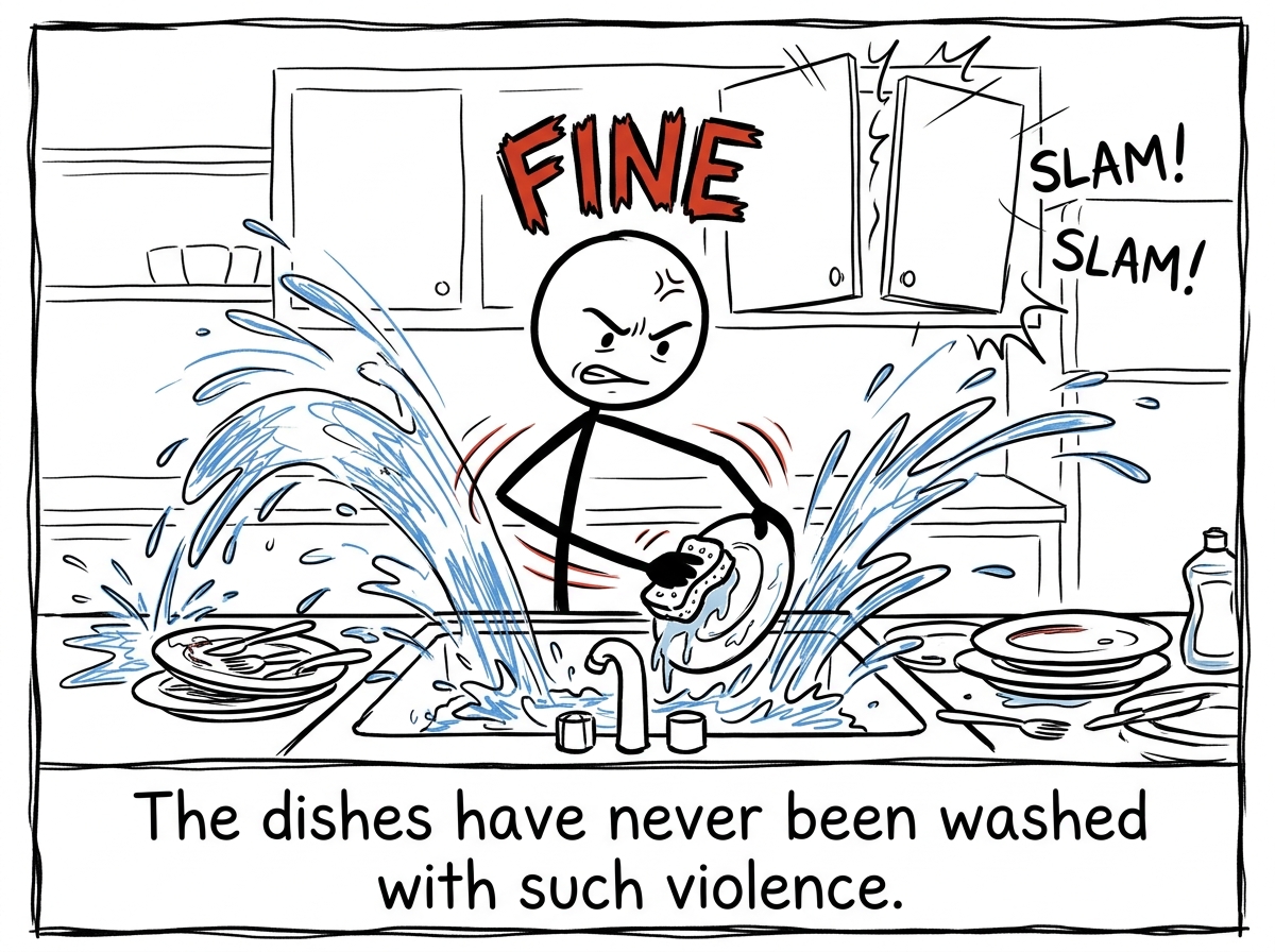 The 'fine' person aggressively washing dishes, water splashing everywhere, cabinet doors slamming, while the word FINE floats above in jagged angry letters