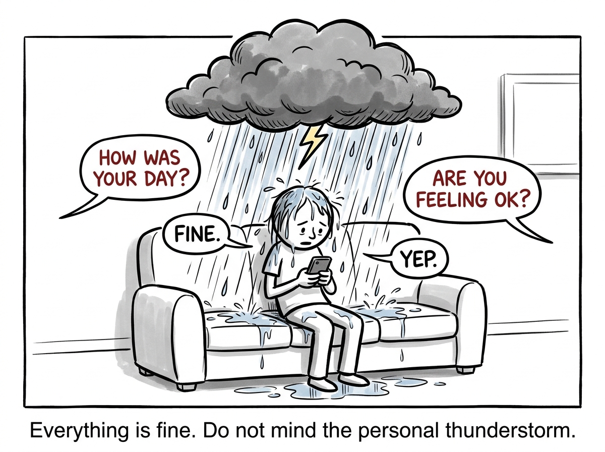 The same person sitting on the couch with a phone, giving one-word answers to questions while an enormous dark storm cloud hovers directly above their head, raining only on them