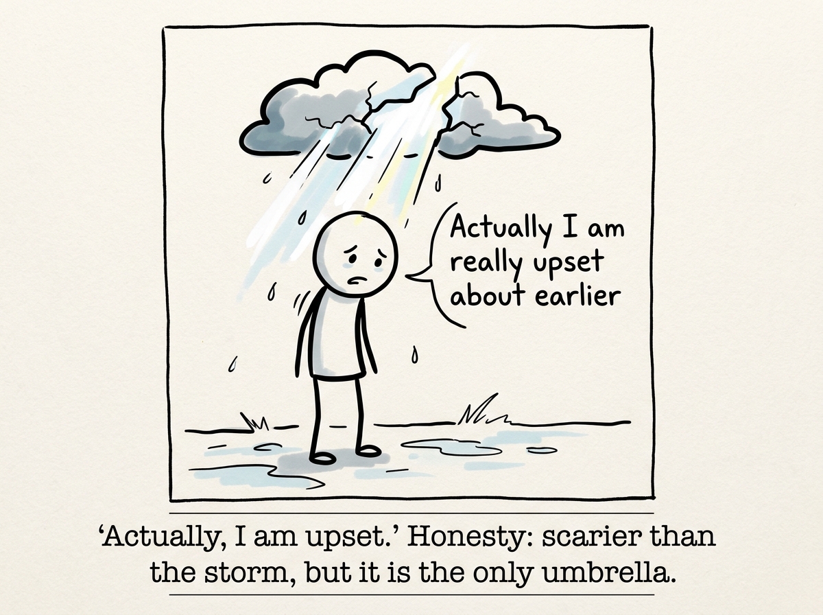 The person finally dropping the act and saying 'Actually I am really upset about earlier' with a small vulnerable expression, while the storm cloud begins to clear