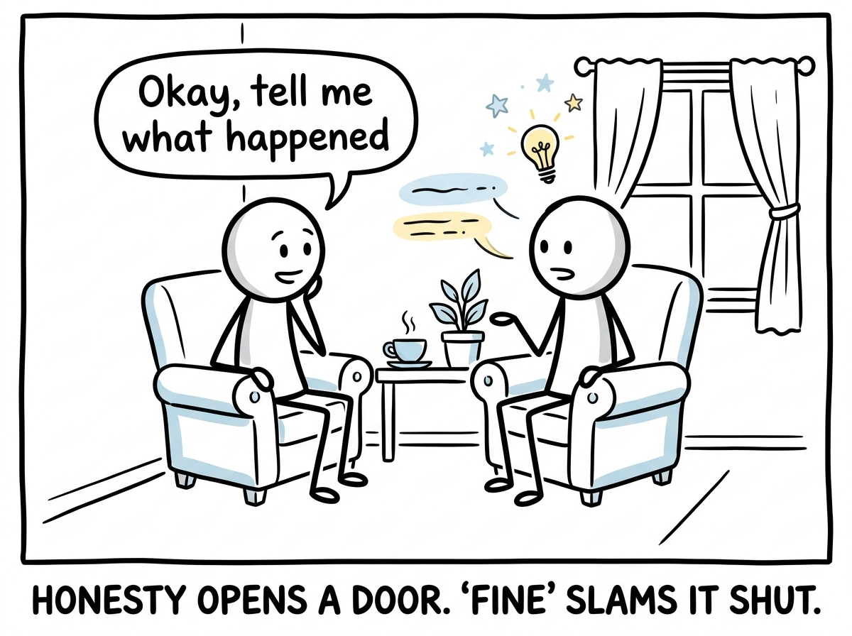 The other person softening, sitting down, saying 'Okay, tell me what happened' — the conversation replacing the storm cloud