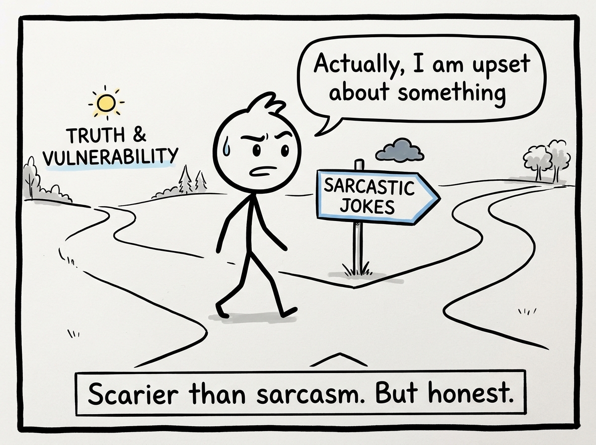The stick figure taking a breath and choosing a different path — saying 'Actually, I am upset about something' with a nervous but honest expression