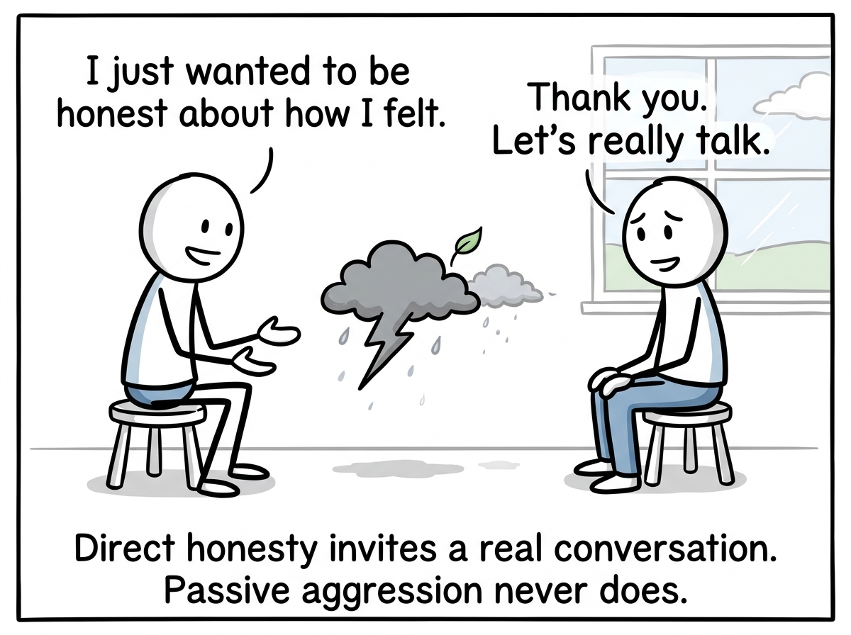The other person looking surprised but softening, both figures sitting down to talk, the storm cloud from before shrinking