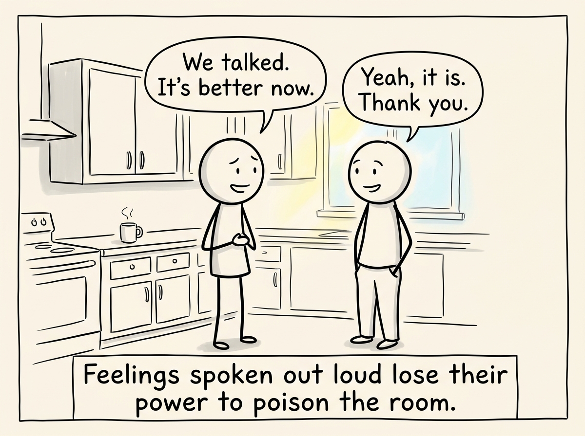 Both figures after the conversation, lighter and relieved, the cabinets unslammed and the sighs replaced by actual words