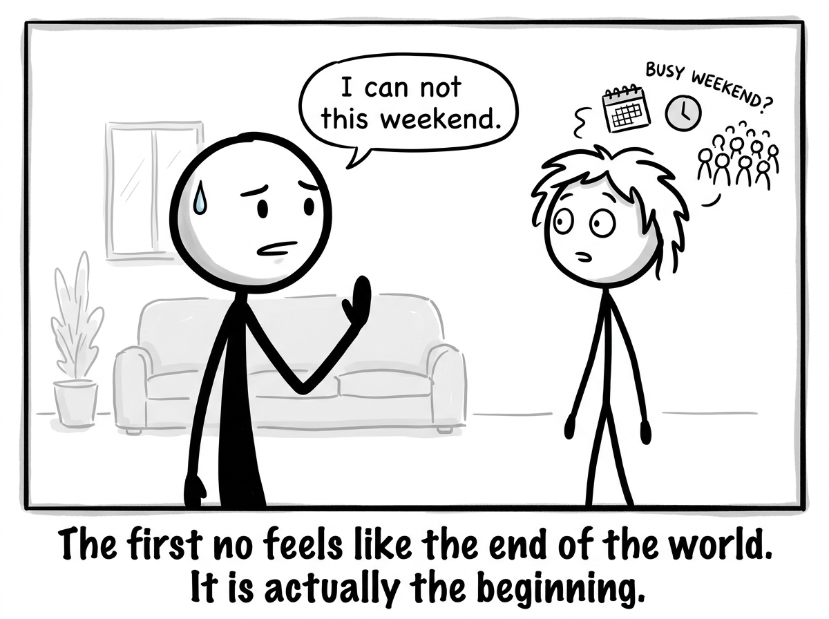 The stick figure saying 'I can not this weekend' calmly, feeling the guilt but holding steady, with a small bead of sweat