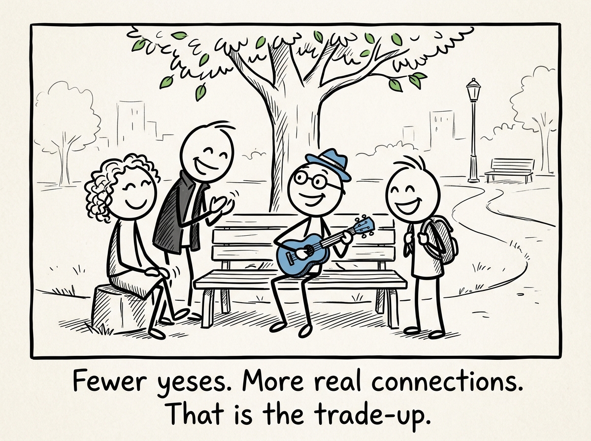 The stick figure doing something they chose for themselves, surrounded by fewer people but deeper smiles all around