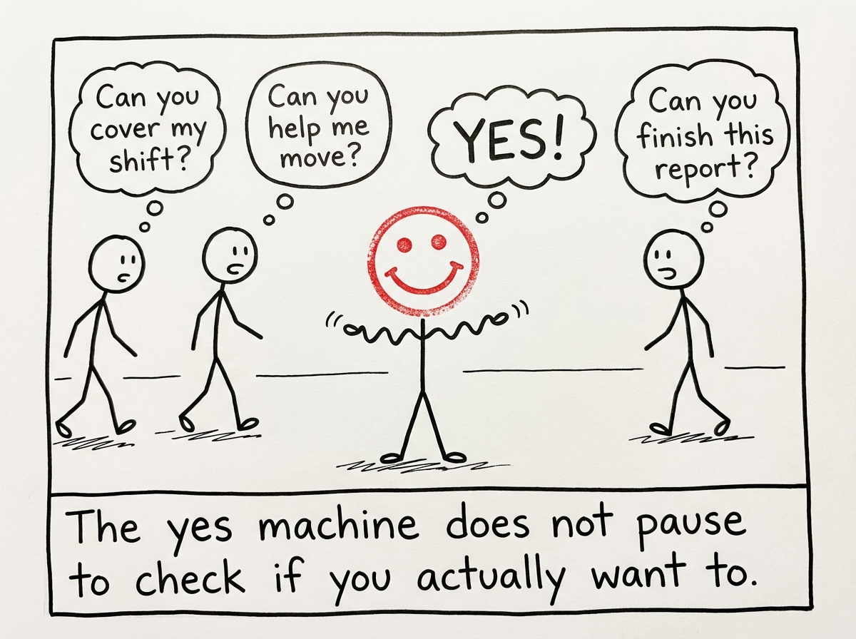 A stick figure with a big smile stamped on their face. Three people approach with requests: 'Can you cover my shift?' 'Can you help me move?' 'Can you finish this report?' The figure says 'Yes!' to all three simultaneously
