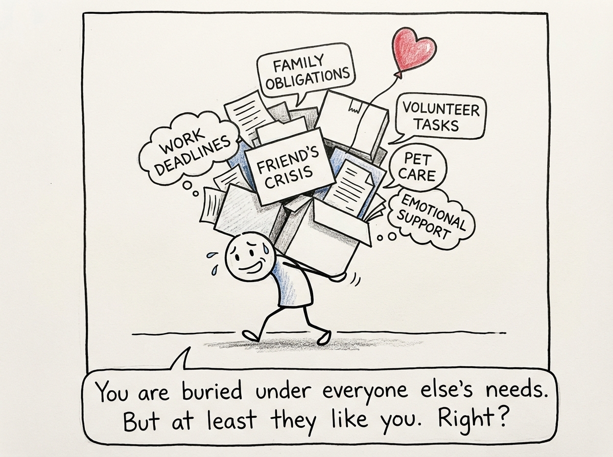 The stick figure carrying a comically large stack of other people's tasks, responsibilities, and emotional needs on their back, barely visible underneath it all, still smiling