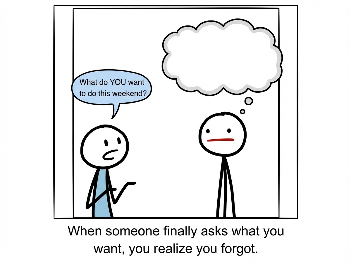 Someone asks the figure 'What do YOU want to do this weekend?' The figure freezes with a blank expression, a thought bubble showing a complete void. They have no idea