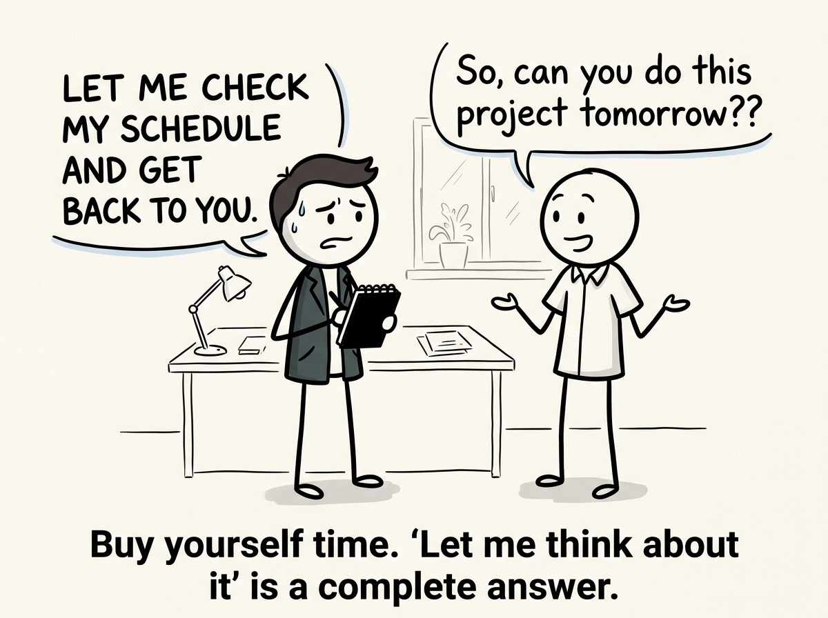 The figure saying 'Let me check my schedule and get back to you' instead of instantly agreeing, looking nervous but solid