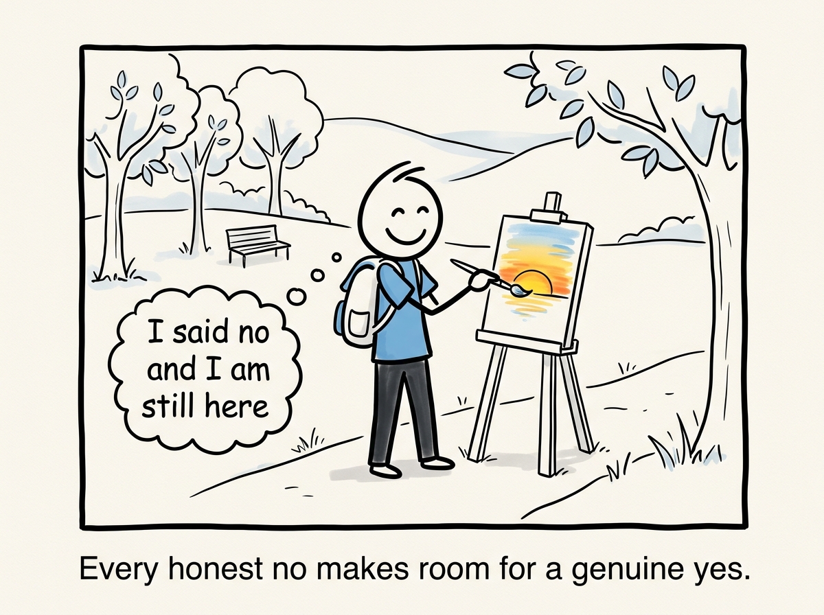 The figure with a lighter load, doing something they chose for themselves, with a thought bubble: 'I said no and I am still here'