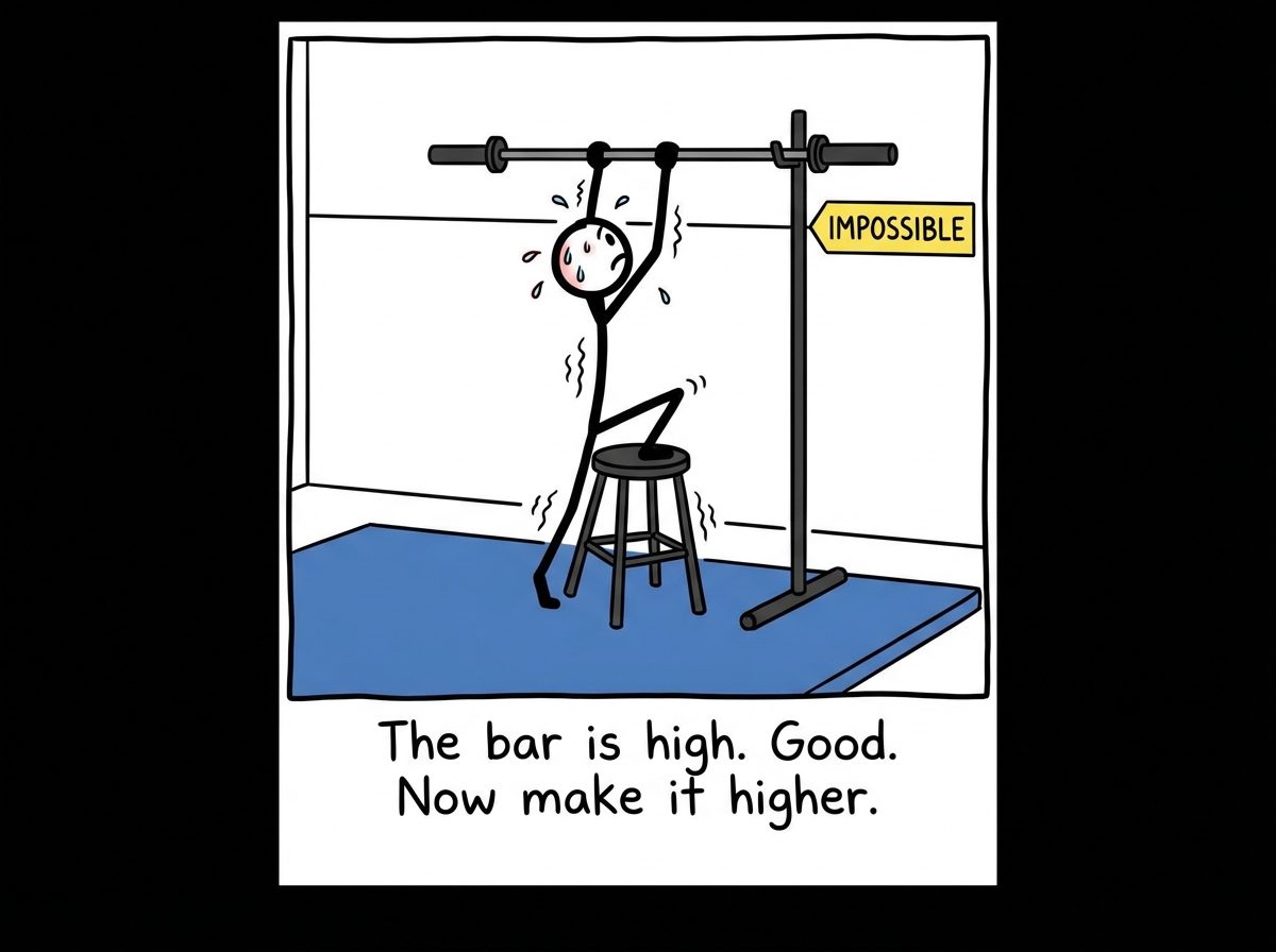 A stick figure standing beside a treadmill labeled 'PERFECT' in bold letters, confidently setting the bar at an impossibly high level on a glowing display panel. The figure cracks their knuckles and thinks 'I just need to hit this number and then I will finally feel good enough.'