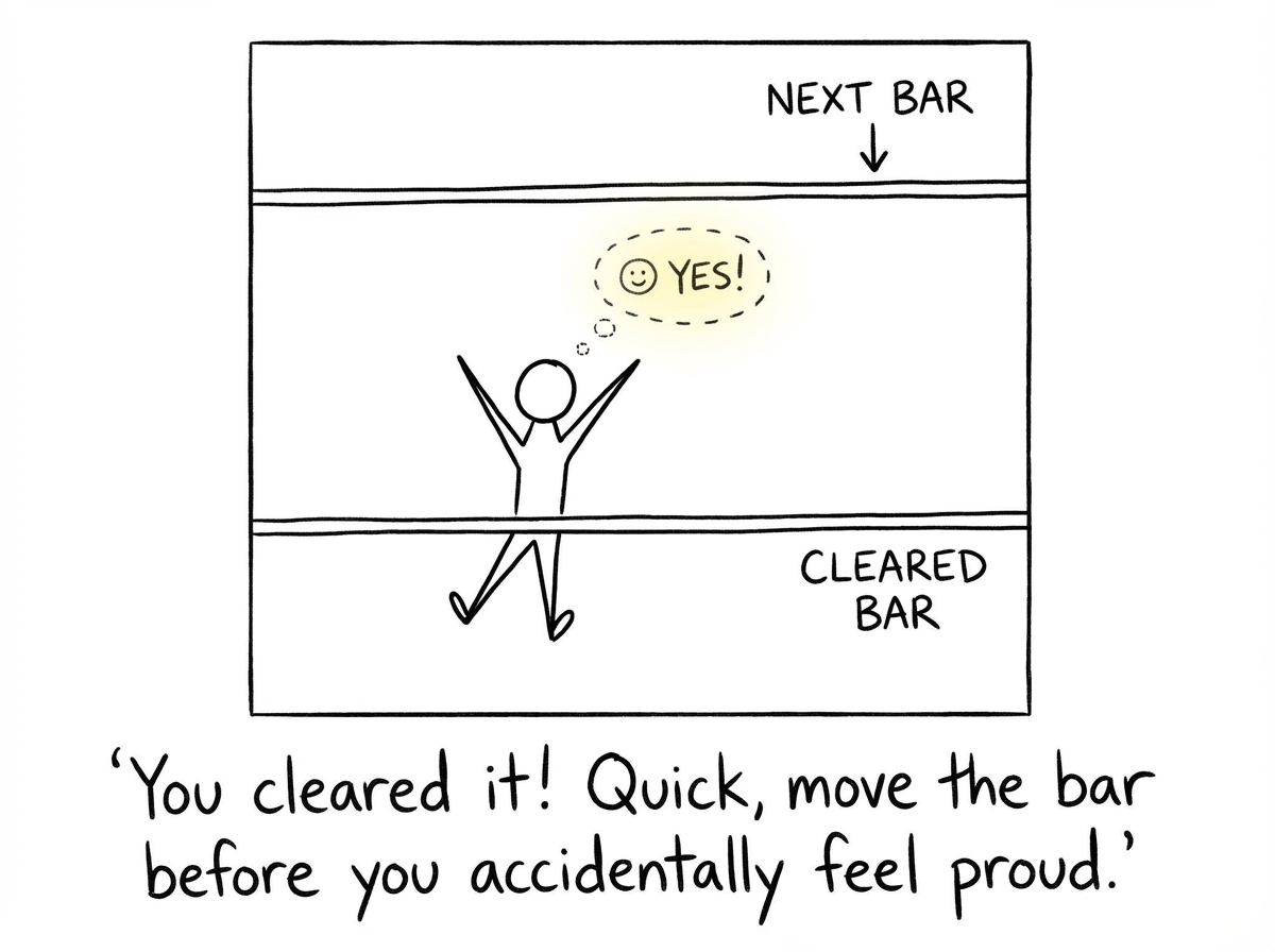 The stick figure running hard on the treadmill, sweating, having just reached the goal -- but their own hand is already reaching forward to push the bar higher on the display. The old goal has a checkmark but is already grayed out. The figure looks confused and exhausted.
