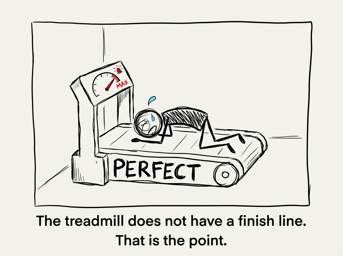 The stick figure collapsed face-down on the treadmill belt, which is still running at maximum speed. The display shows the bar at an absurd, unreachable height. Sweat pools on the floor. A thought bubble reads 'Maybe I am just not trying hard enough.'